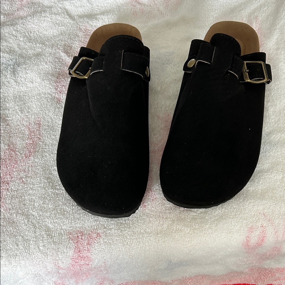 Women's Black Slip-On Suede Mule with Buckle Detail